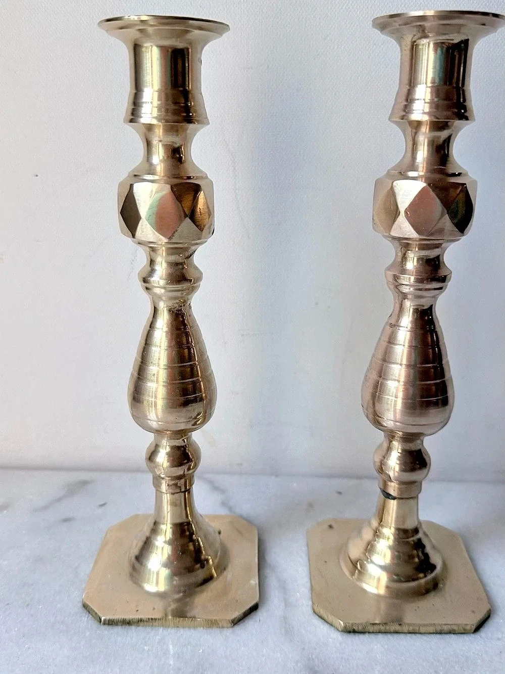Vintage Brass Diamond Facet Boho Candlesticks Set of Two